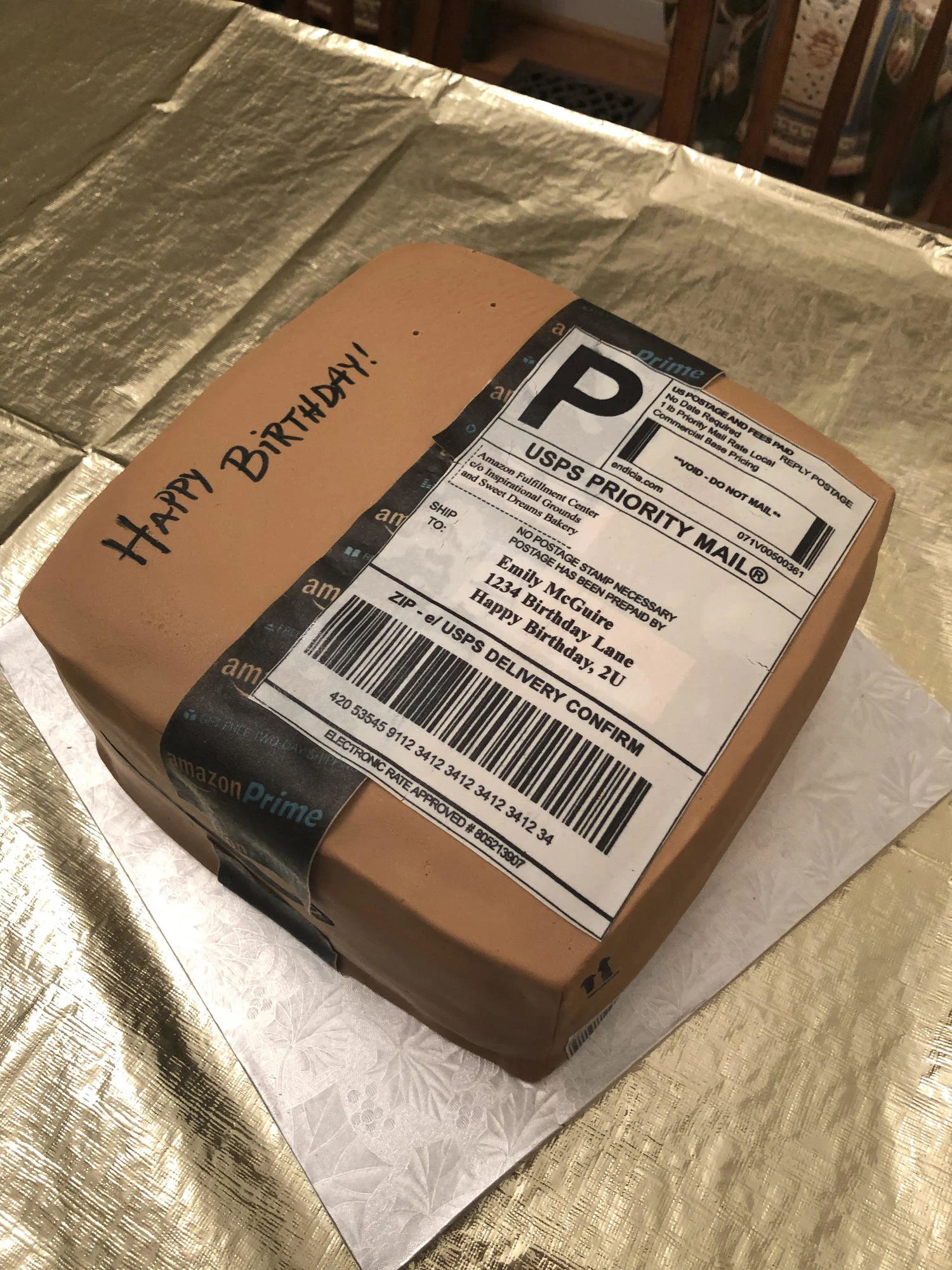 The custom creation arrived looking very much like one of her weekly orders – complete with a personalized shipping label and Amazon Prime tape!