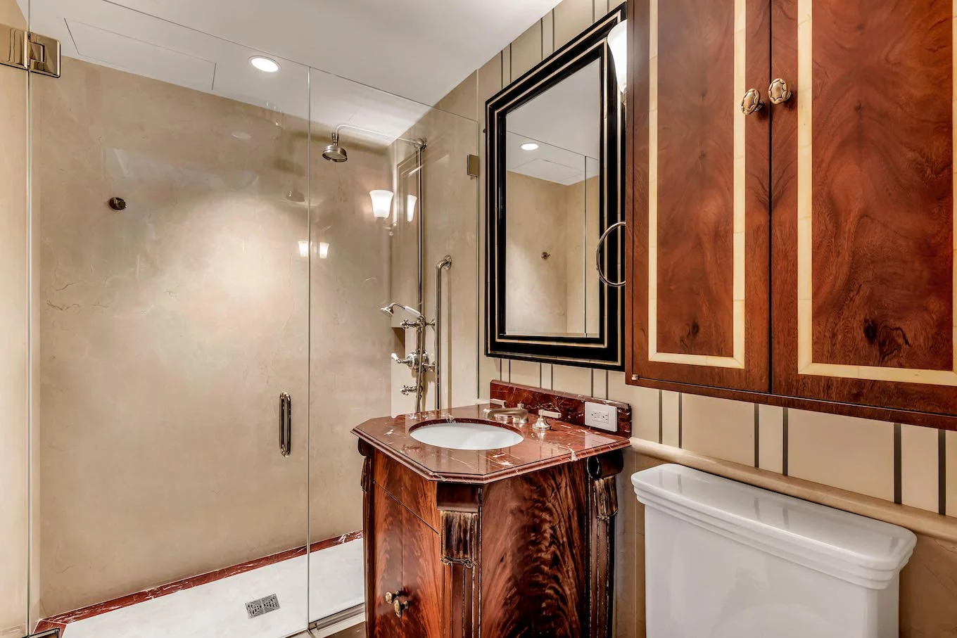 Penthouse bathroom with wood accents